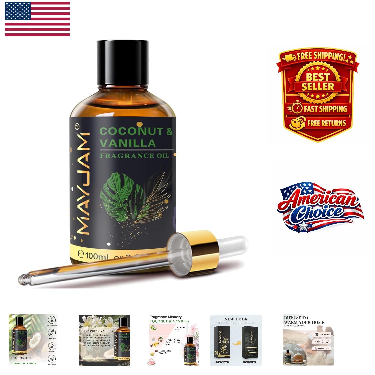 Long-Lasting Coconut Vanilla Fragrance Oil with Glass Dropper for DIY Projects