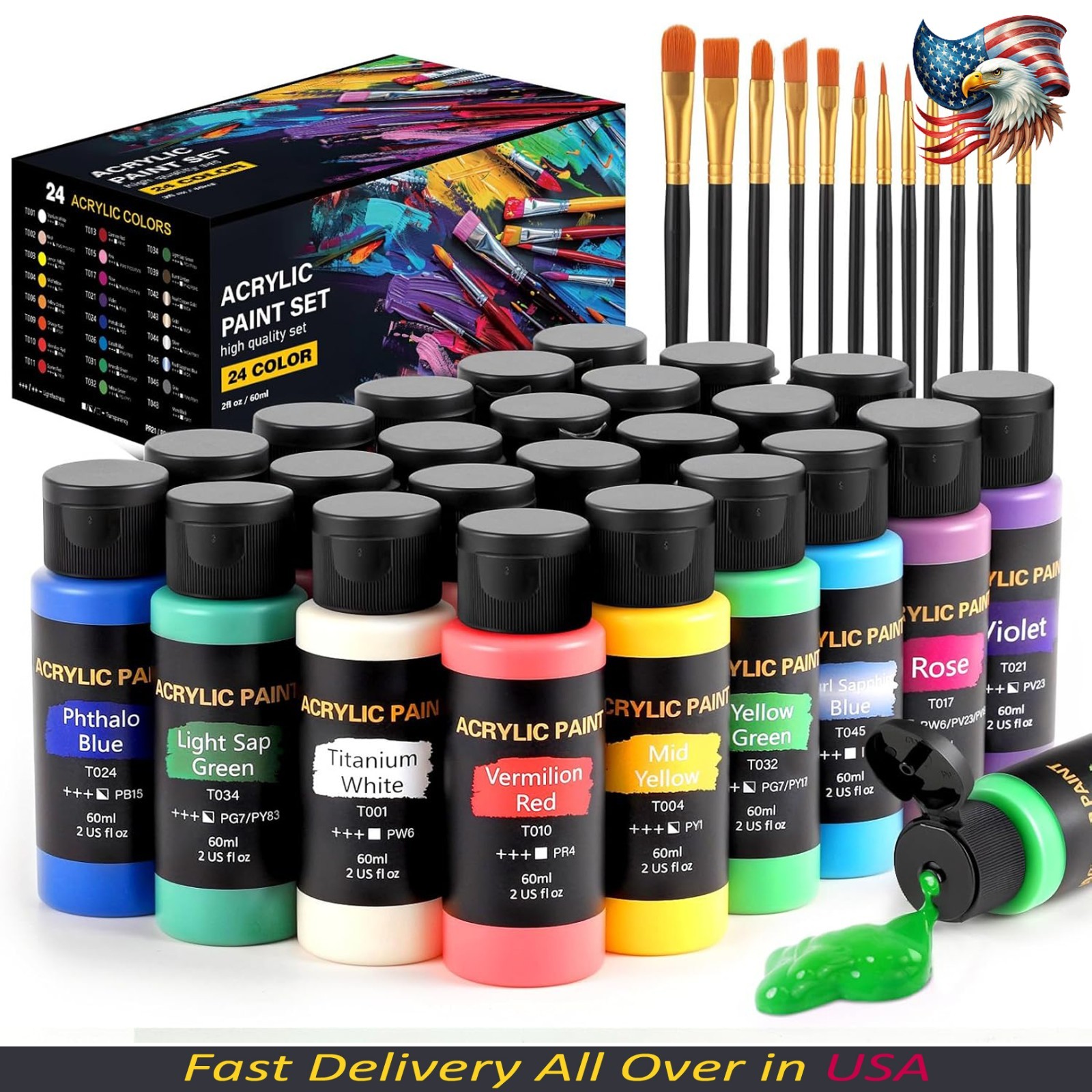 Acrylic Paint Set, 24 Colors (2 oz/Bottle) with 12 Art Brushes, Art Supplies for