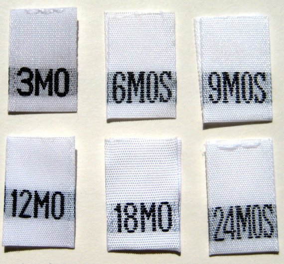 120 PCS WOVEN INFANT CLOTHING SEWING LABEL SIZE TAGS – 3 6 9 12 18 24 MONTHS