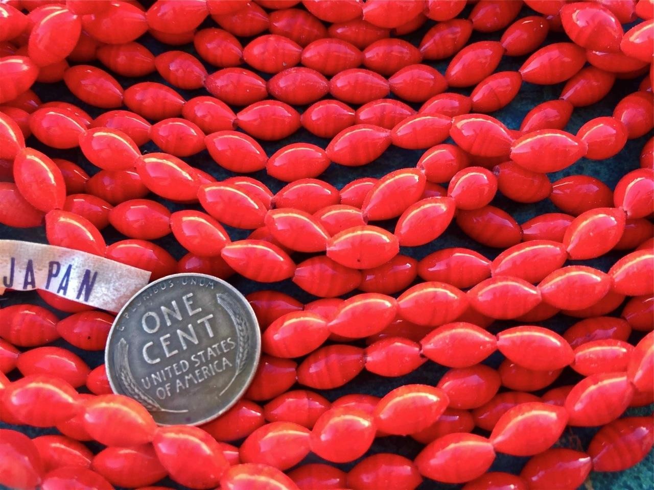 Vintage Cherry Brand 5 x 9mm Striated Red Glass Oblong Rice Beads Japan 40