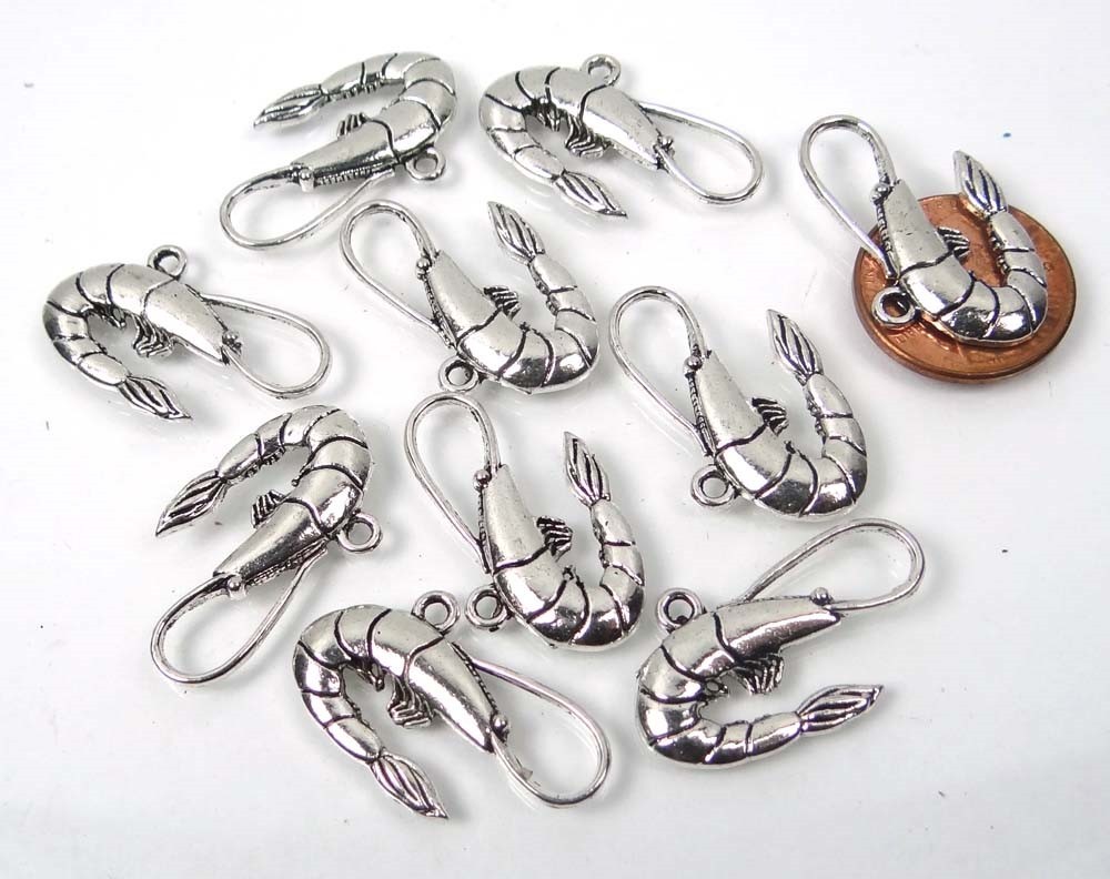 10 Antique Silver Pewter Shrimp Charm Connector Link 16x28mm