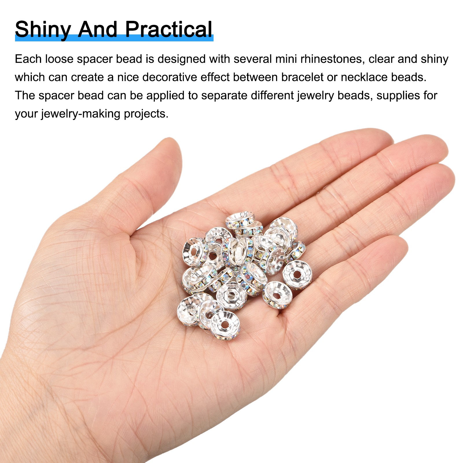 200Pcs 10mm Rondelle Spacer Beads, Silver Plated for DIY Bracelet, AB White