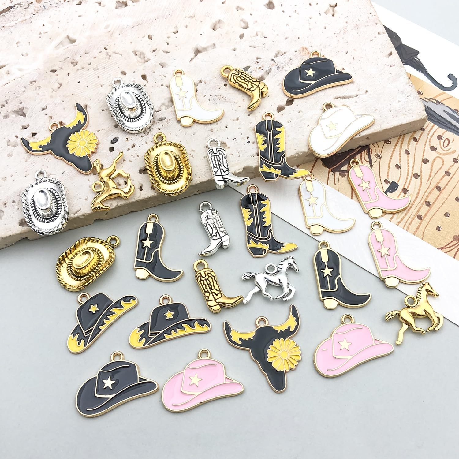 30pcs Western Cowboy Charms for Jewelry Making Small, Black White Pink