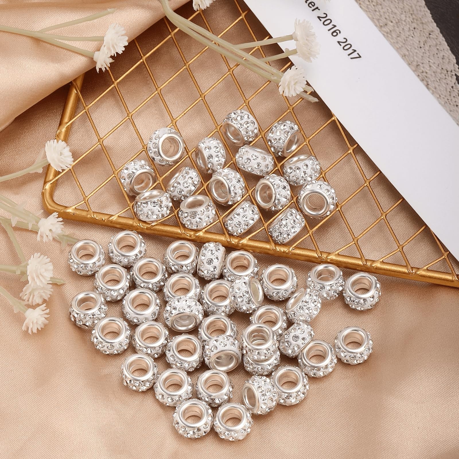 50pcs Rhinestone Spacer Beads, 11mm Large Hole Spacer Beads Shiny Diamond Hai…