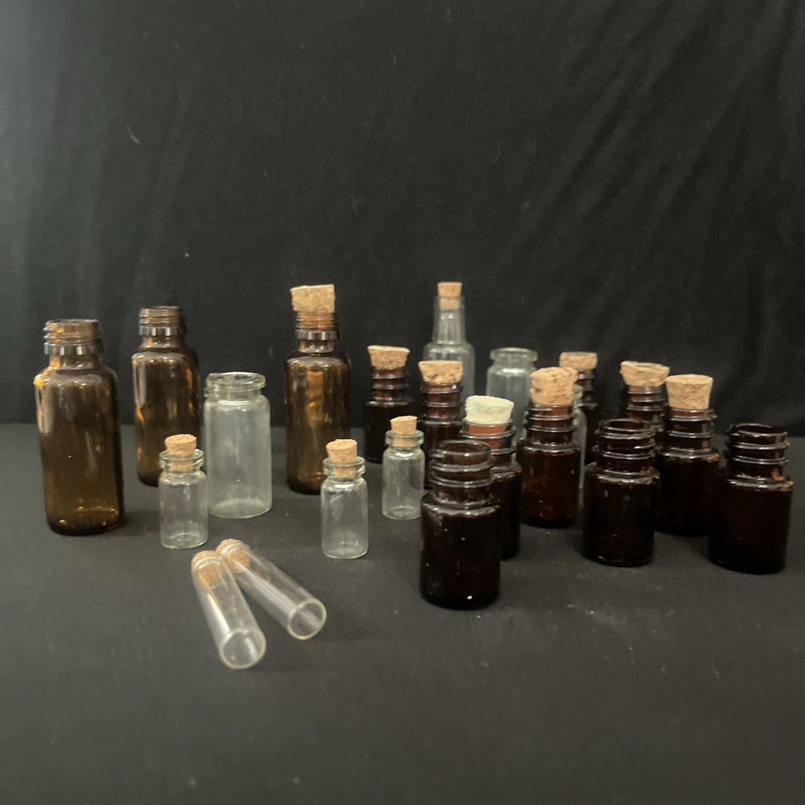 Bulk Lot 24 Mini Glass Bottles Vials Cork Top Apothecary Amber Clear Craft DIY