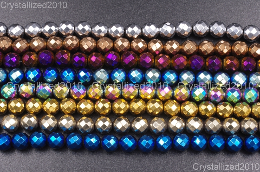 Natural Hematite Gemstone Faceted Round Beads Metallic Colors 4mm 6mm 8mm 15.5″