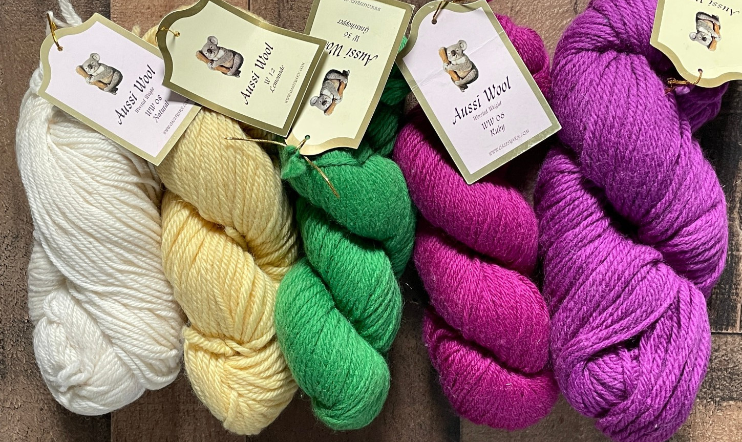 Aussi Australian Wool Lot 5 skeins Dyed Yellow Green Magenta Natural Yarn NWT