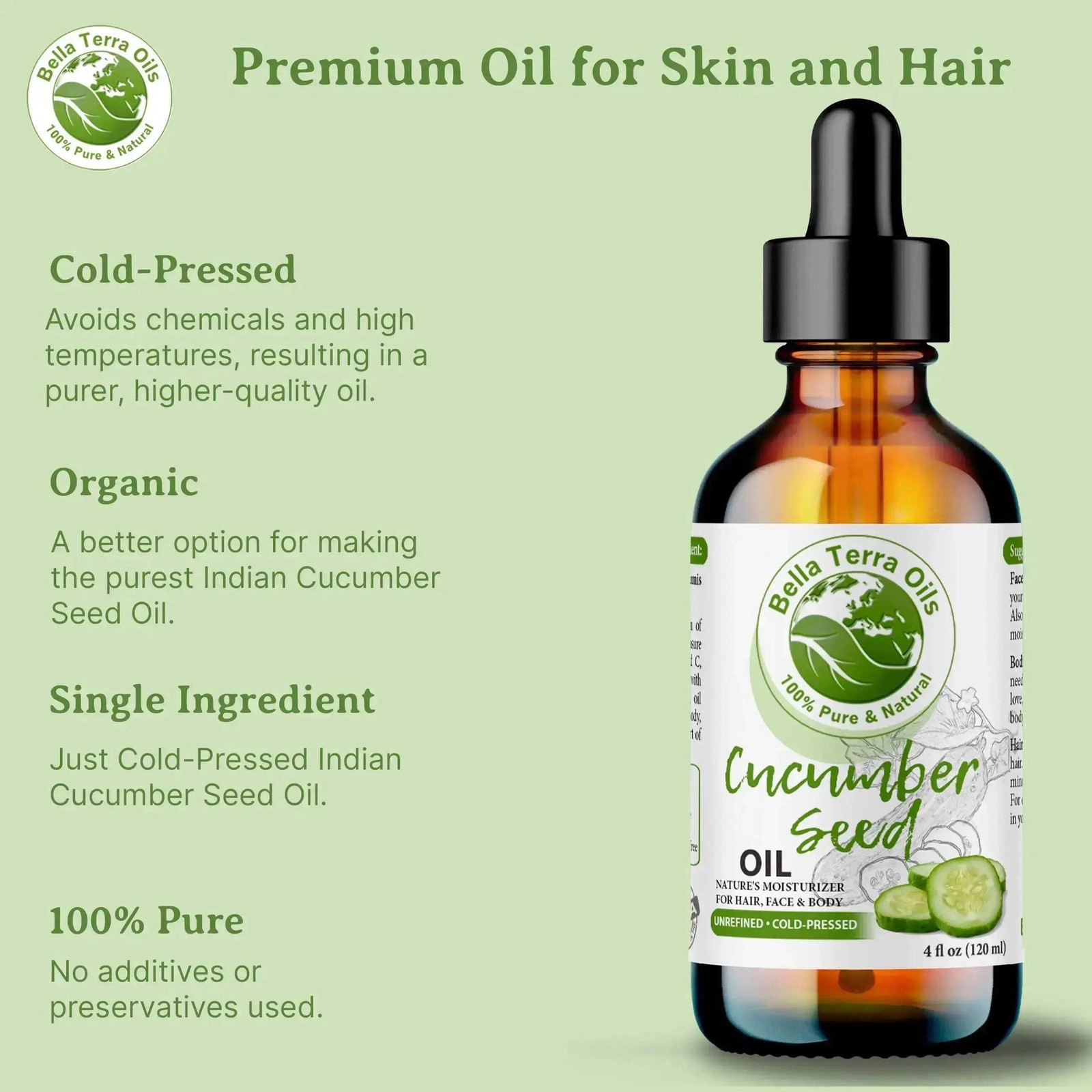 Organic Cold-Pressed Cucumber Seed Oil 100% Pure Skin Care Hair Face Moisturizer