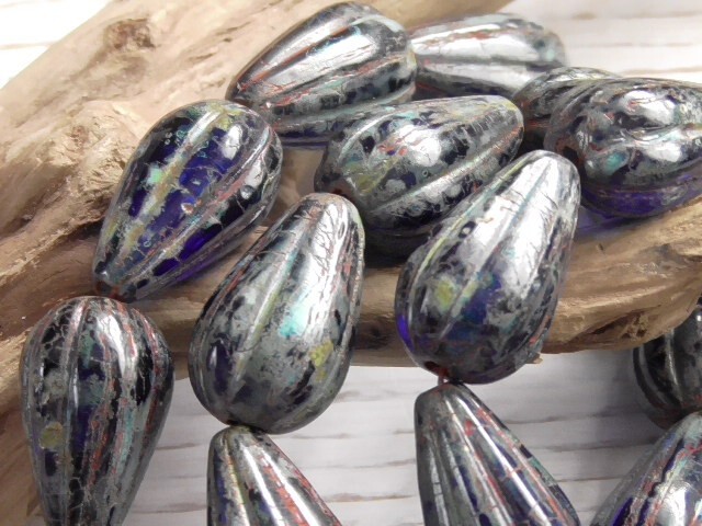 8 – 13x8mm CZECH COBALT BLUE PICASSO, BRICK RED WASH MELON DROP TEARDROP BEAD