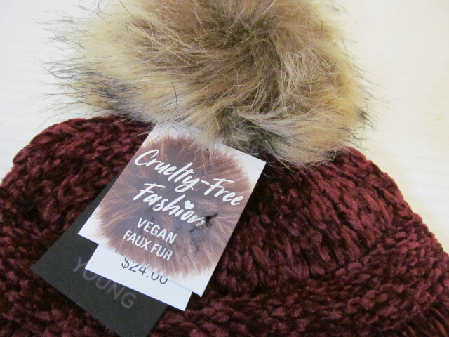 David & Young Cruelty-Free Vegan Faux Fur Knit Hats, Burgundy, Green or Black