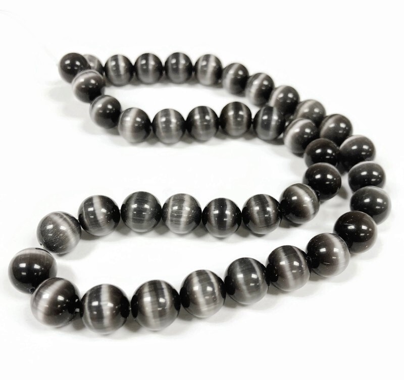 38 Cat’s Eye Fiber Optic Glass Charcoal 10mm. Smooth Round Beads 2611