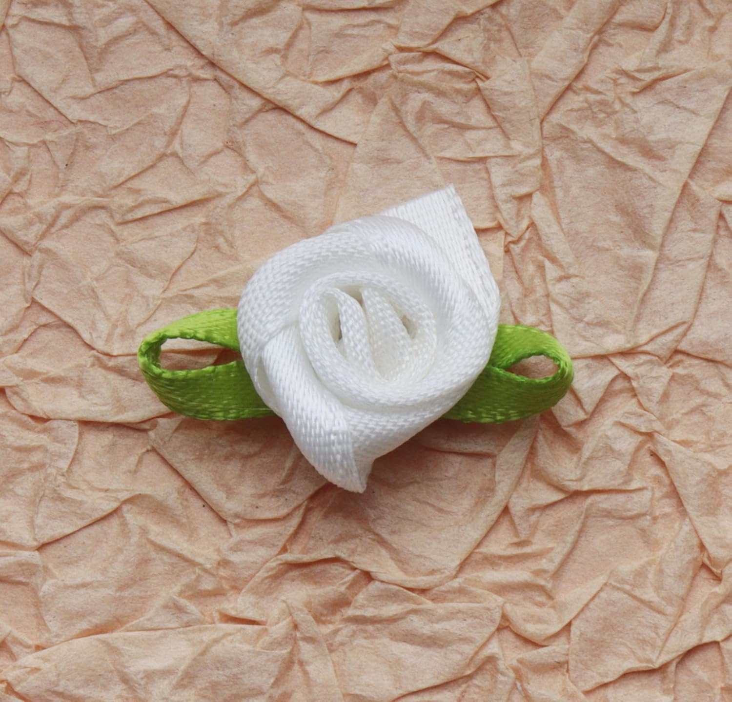 50 Pcs Satin Roses with Green Leaves Mini Cute Ribbon Bows Fabric Artificial Flo