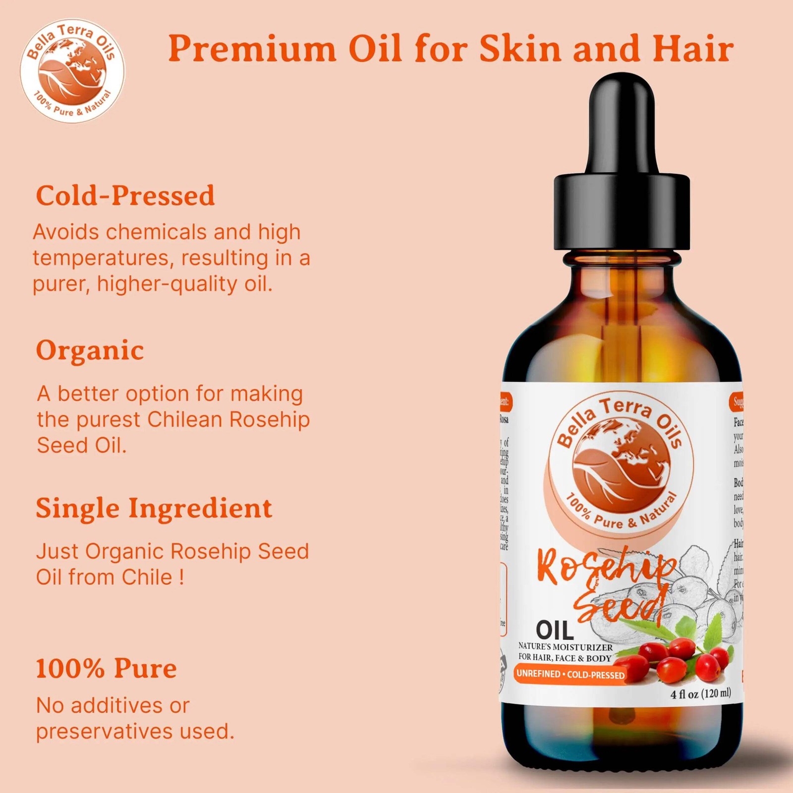 Organic Cold-Pressed Rosehip Seed Oil 100% Pure Raw Skin Hair Face Anti-Aging