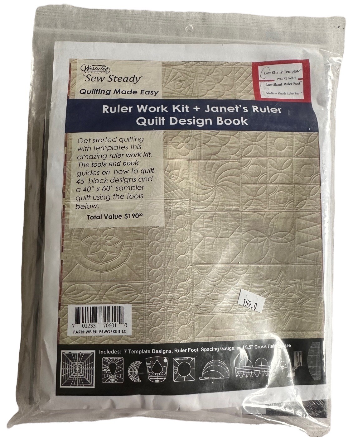 Ruler Work Kit + Janet’s Quilt Design Book Low Shank Template Foot Westalee
