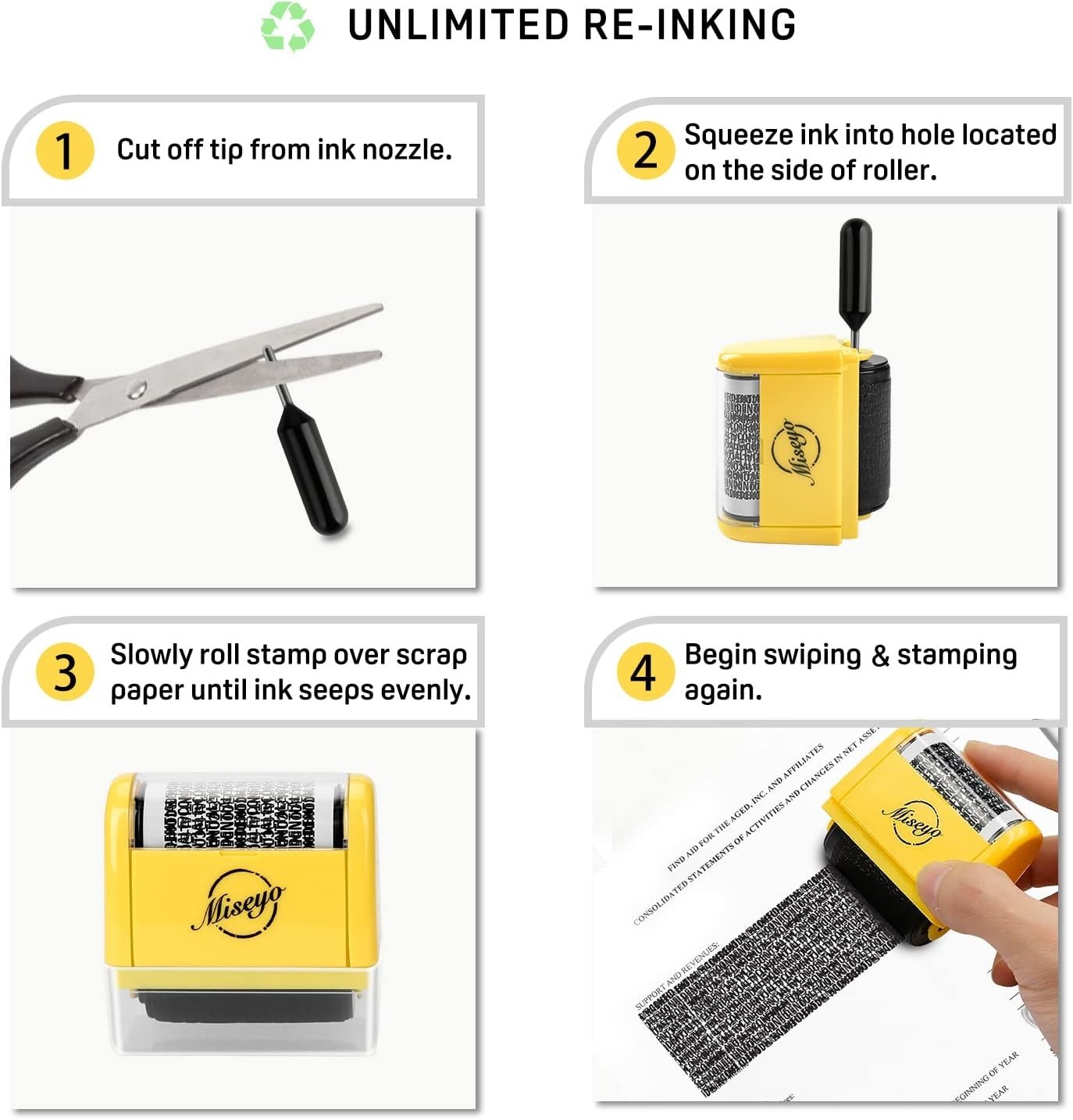 Miseyo Wide Identity Theft Protection Roller Stamp Set – 3 Refill Inks Included