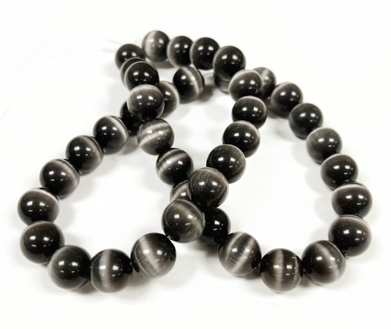 38 Cat’s Eye Fiber Optic Glass Charcoal 10mm. Smooth Round Beads 2611