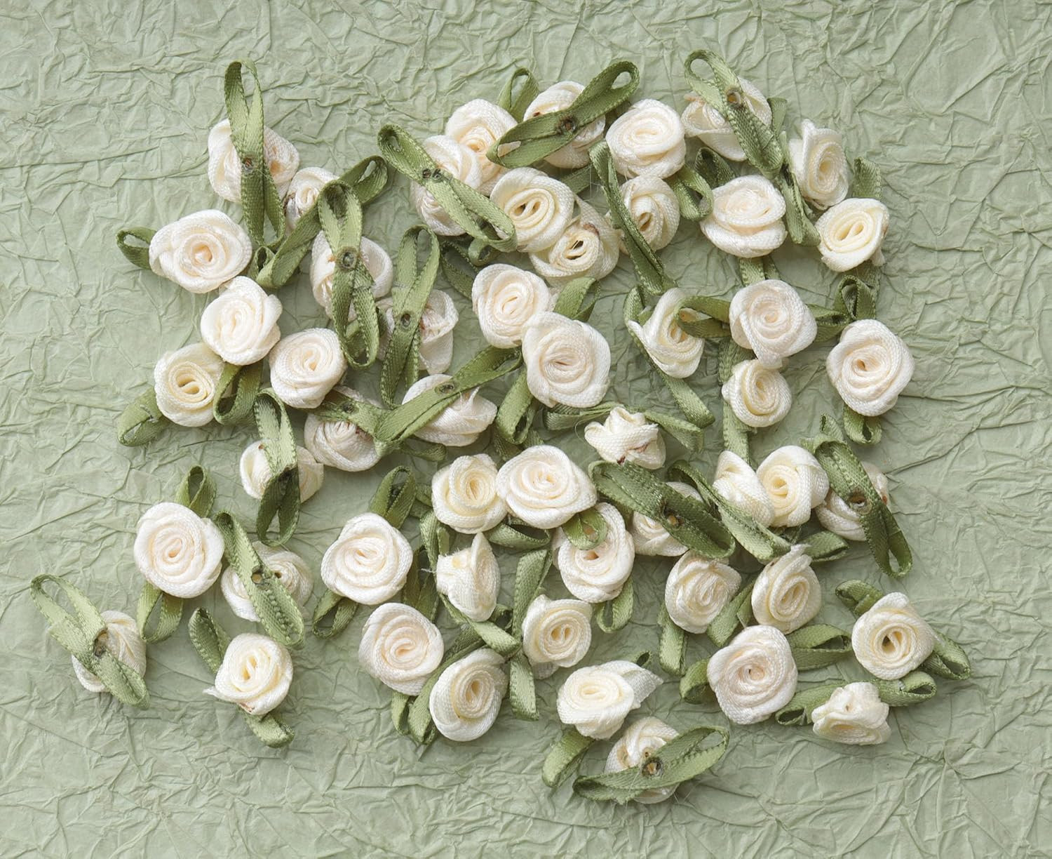 50 Pcs Satin Roses with Green Leaves Mini Cute Ribbon Bows Fabric Artificial Flo
