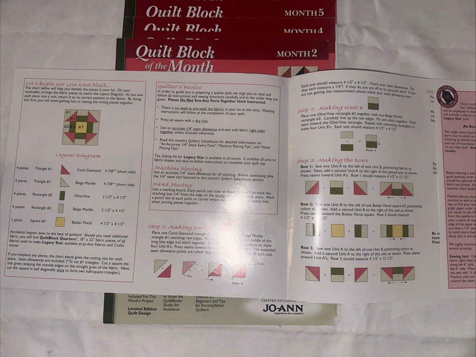 Quilt Block of Month JoAnn” Instruction Books 1-10 Only ( No Fabric )