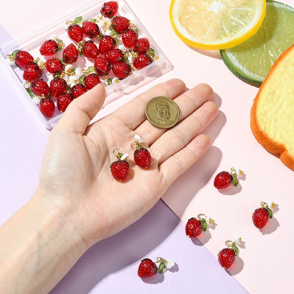 30Pcs Acrylic Lampwork Pendants, Red Strawberry Cute Charms for DIY Crafts