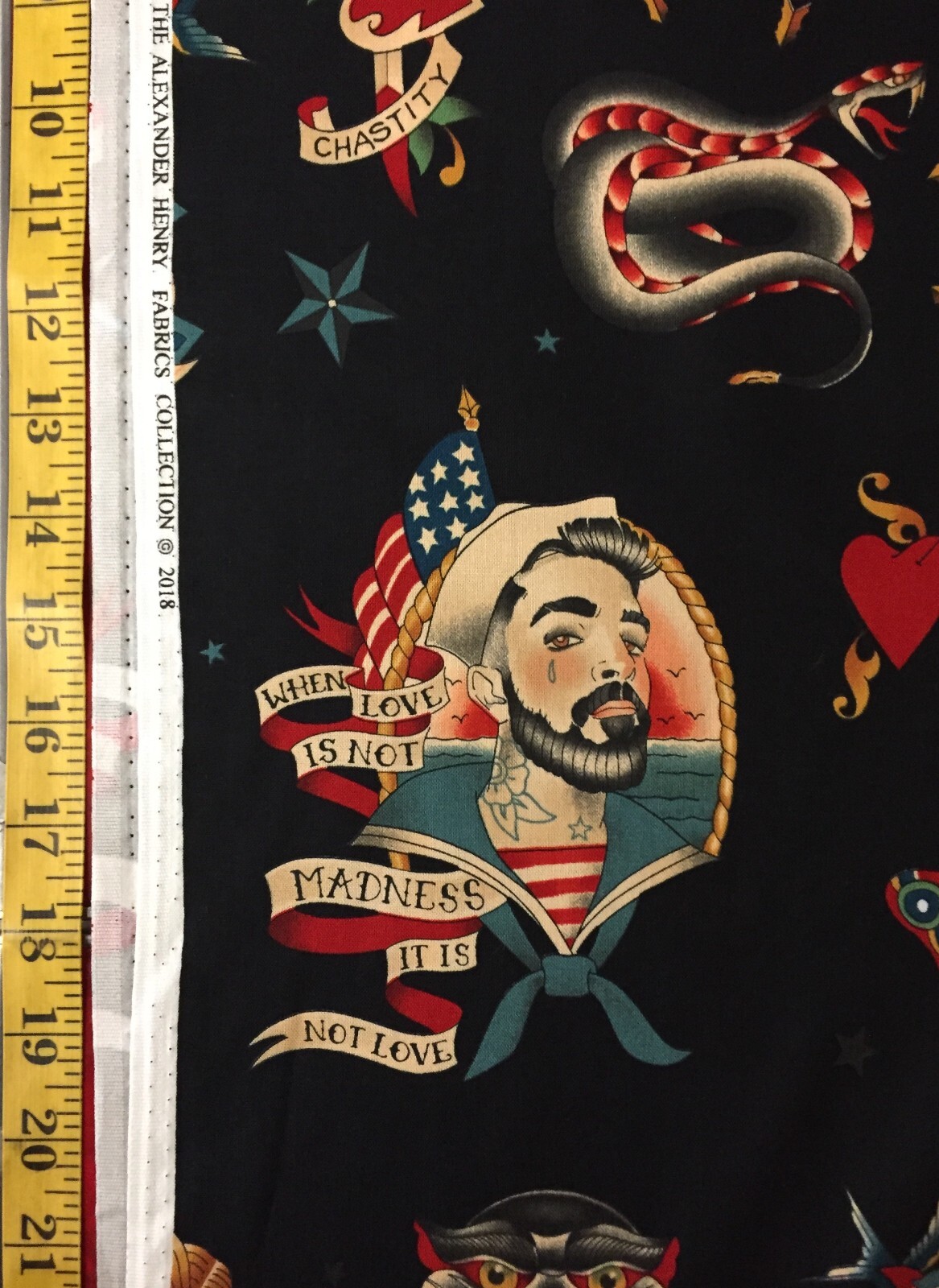 Anchors Away Tea Black Alexander Henry Fabric Nautical Sailor Tattoo
