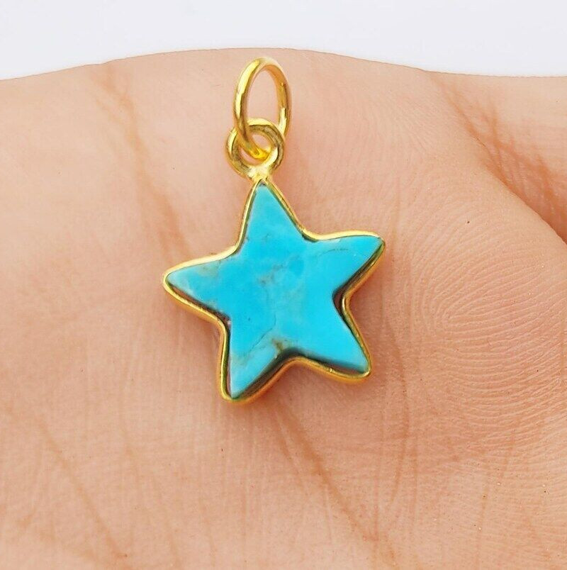 18k Gold Solid Turquoise Star Gold Charm Gemstone Pendant Handmade 10×10 mm