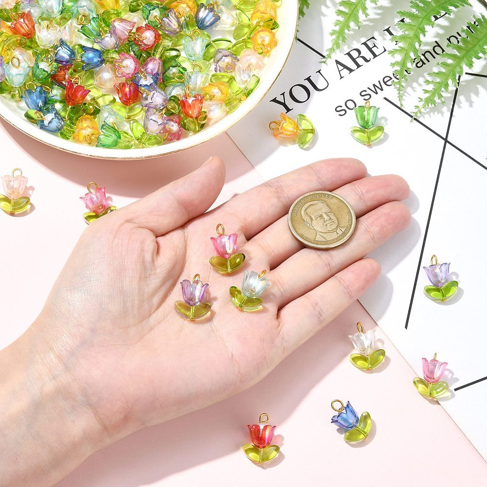 90x Handmade Acrylic Flower Charms Tulip Pendants w/Glass Leaf Charms for DIY