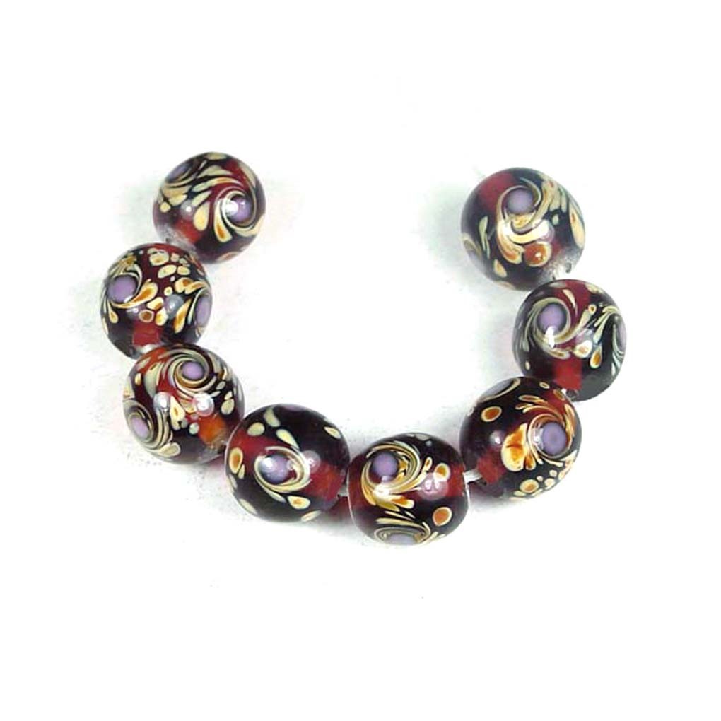 8 Handmade Lampwork Glass “Amber Wonder” Brown Swirl Round Beads 14mm