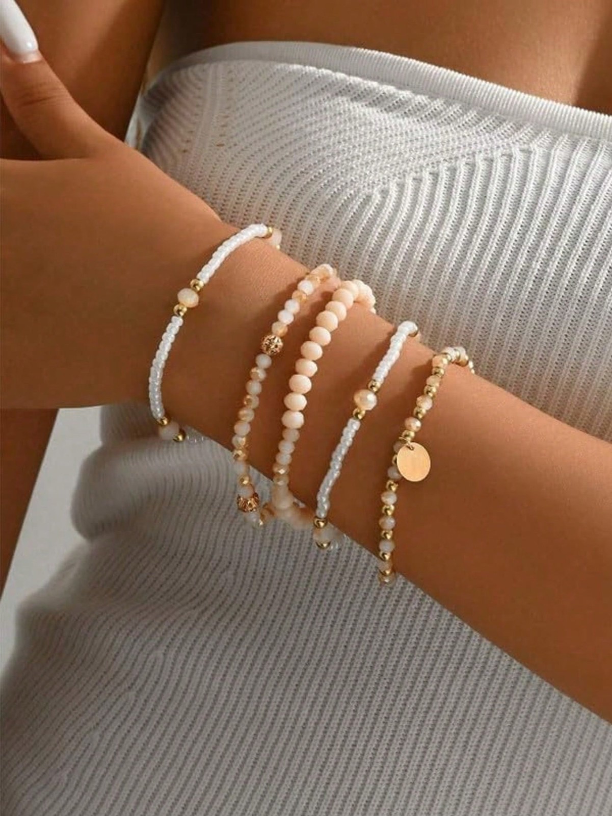 5pcs Bohemian Elegant Woven Elastic Glass Beaded Bracelets Set For Women