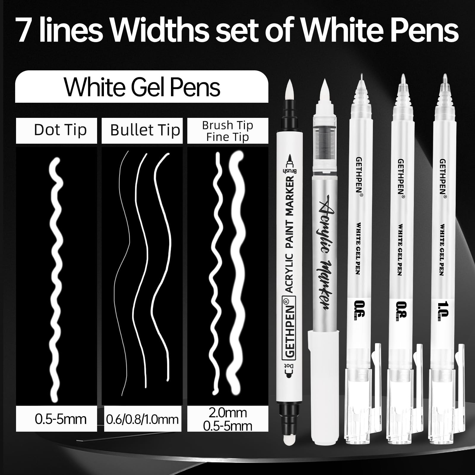 GETHPEN White Ink Pens, Fine Point Gel Pens, Brush Tip Acrylic Markers,white …