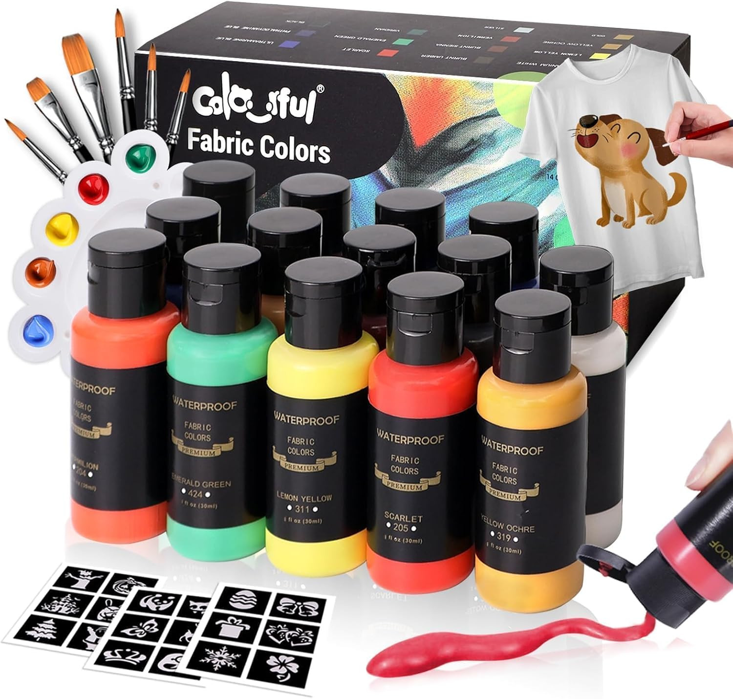 Permanent Fabric Paint, 14 Colors Soft Fabric Paint in Bottles (30Ml/1Oz) with B