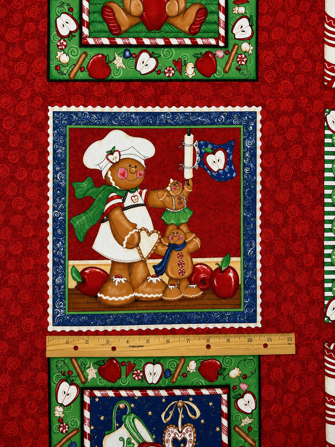1.25 Yds Apples & Ginger Gingerbread Quilt Blocks Holiday Baking 12 Panel Fabric