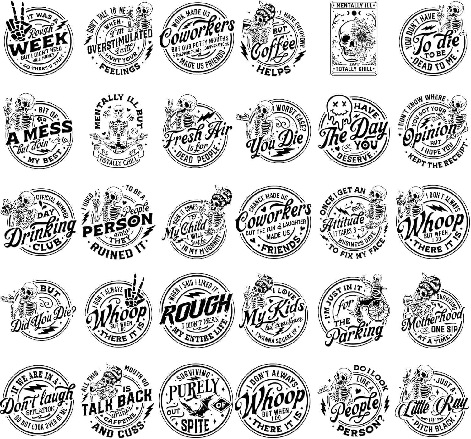 Skull Iron on Transfers – 30 Pcs Snarky Skulls Ready to Press Sarcastic Funny He