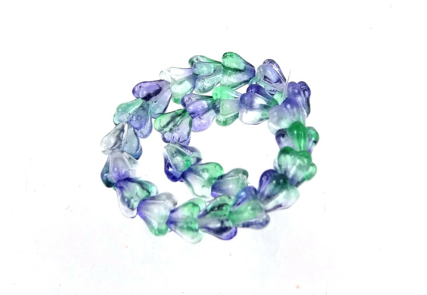 25 Czech Glass Baby Bell Flower Beads – Dual Coated – Blueberry/Green Tea 6x4mm