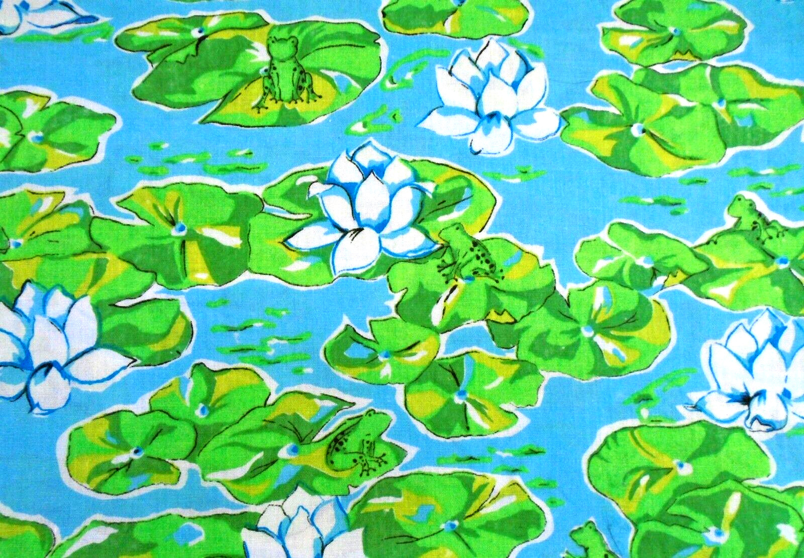 Lily Pads Green Frogs White Flowers Light Turquoise Cotton Fabric 44 x 132″