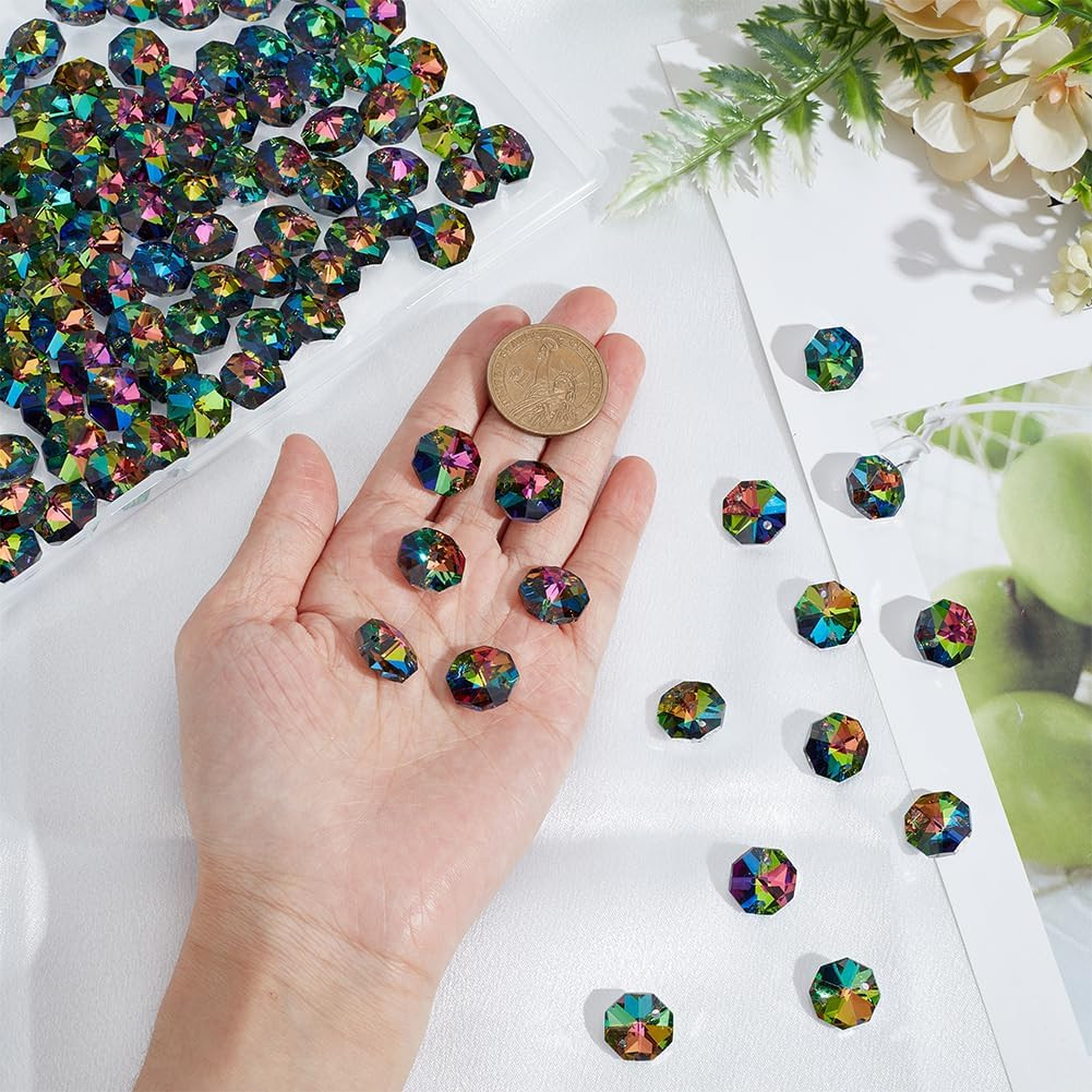120Pcs Colorful 14Mm Octagonal Crystal Beads 2 Holes Glass Octagon Prism Beads