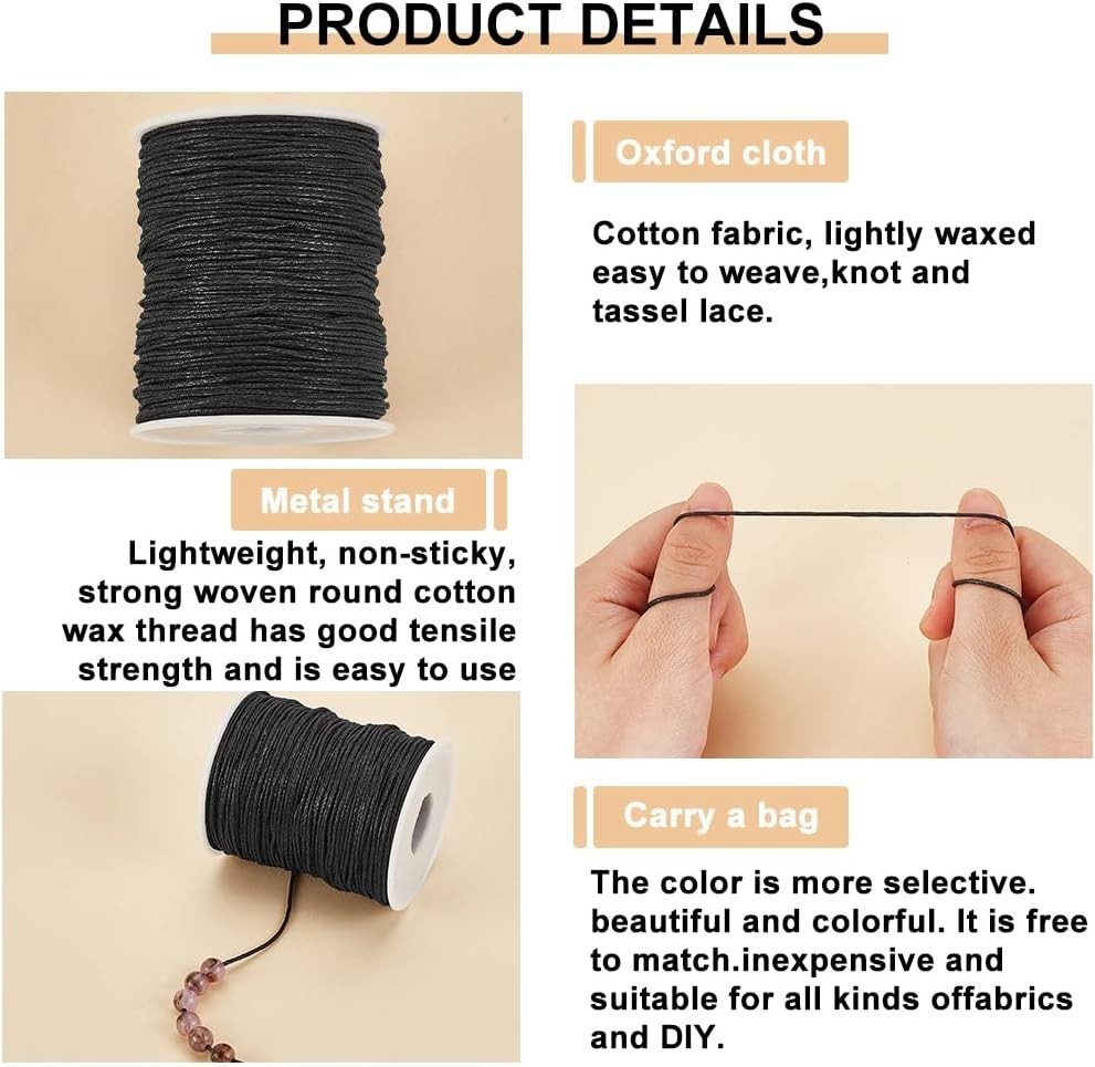 100 Yards 1mm Waxed Cotton Cord, Black Waxed String Beading Thread Roll Spool…