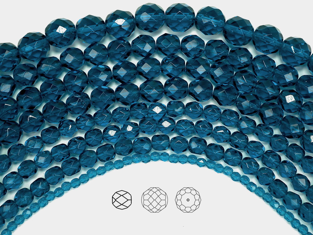Czech Fire Polished Round Faceted Glass Beads in Dark Aqua 16″ strand, rich blue