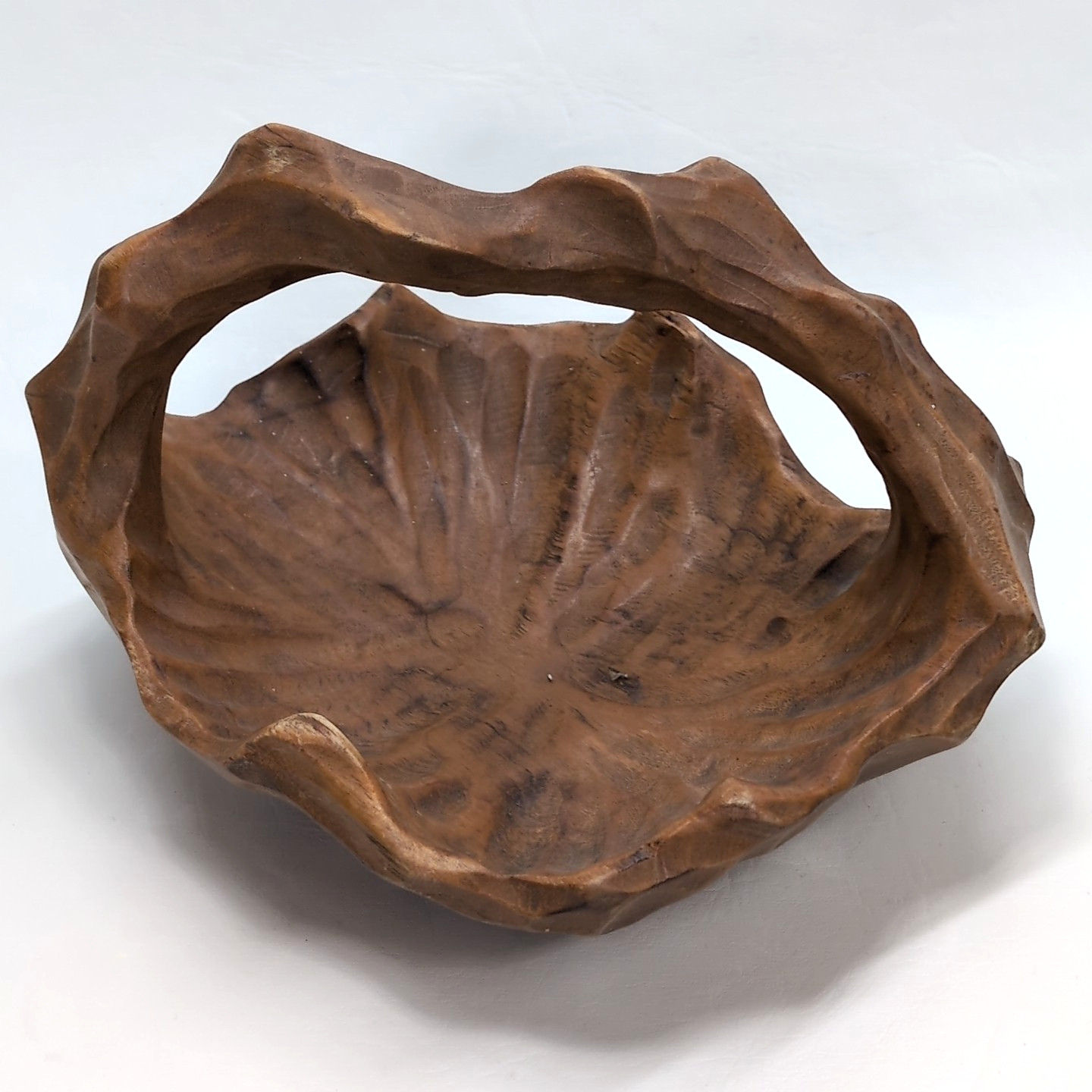 Vintage Camphor Wood Hand Carved Basket Bowl Handle Taiwan Rustic Wood Decor