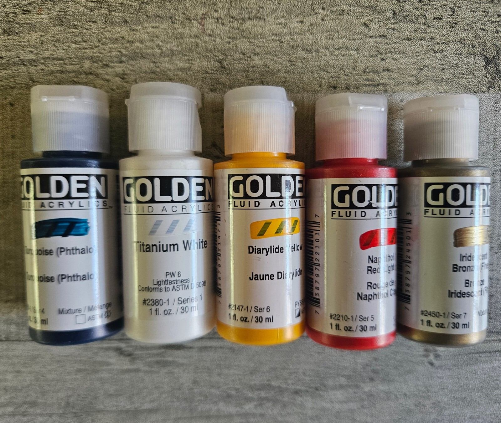 5 Golden Fluid Acrylic Paint 1 Oz- Turquoise Diarylide Naphthol Red Bronze White
