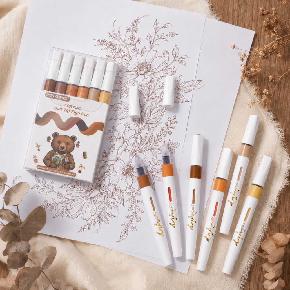 Acrylic Paint Markers Pens Japanese Soft Tip 0.5-2mm Brush Pen Sketch Outline 6p