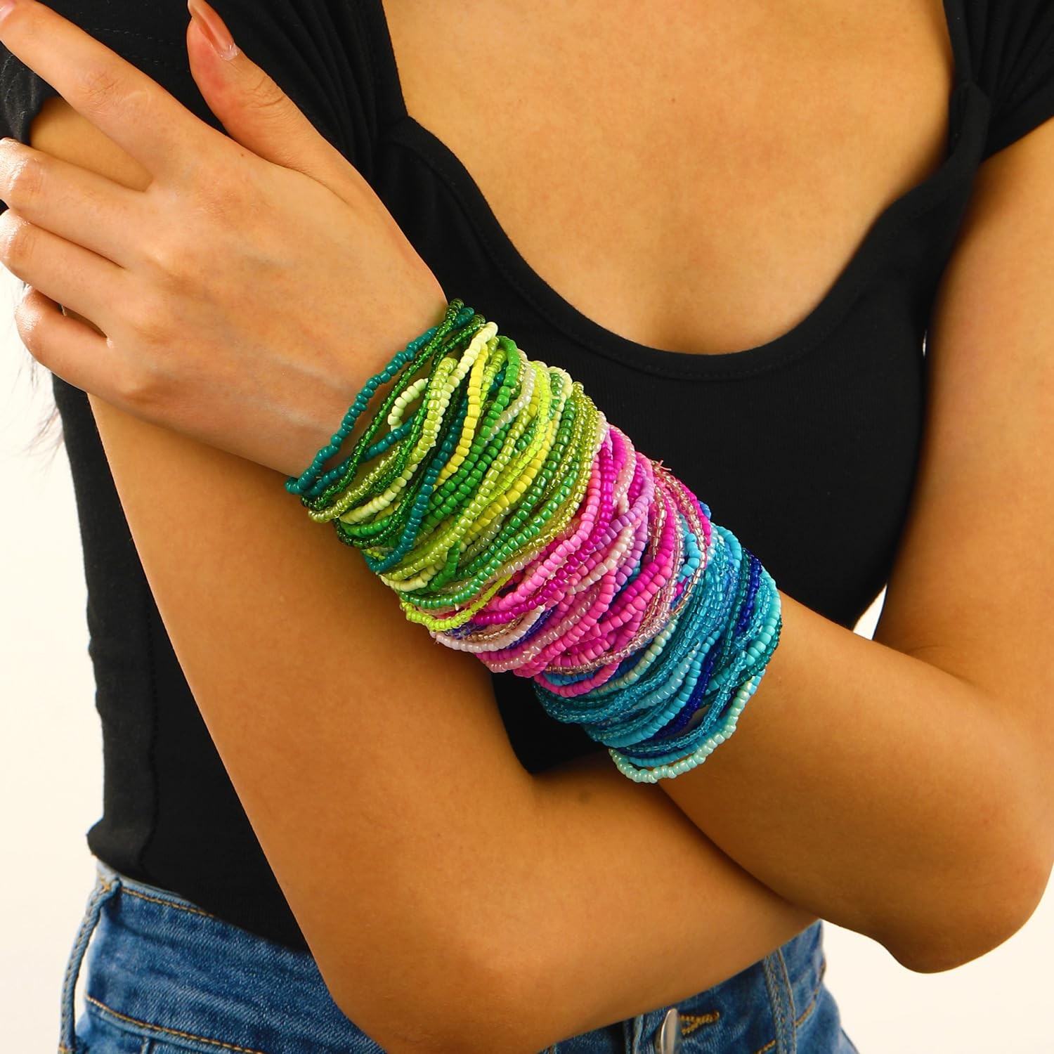 30Pcs Colorful Bohemia Seed Beaded Bracelets Rainbow Bead Stackable Stretch – 02