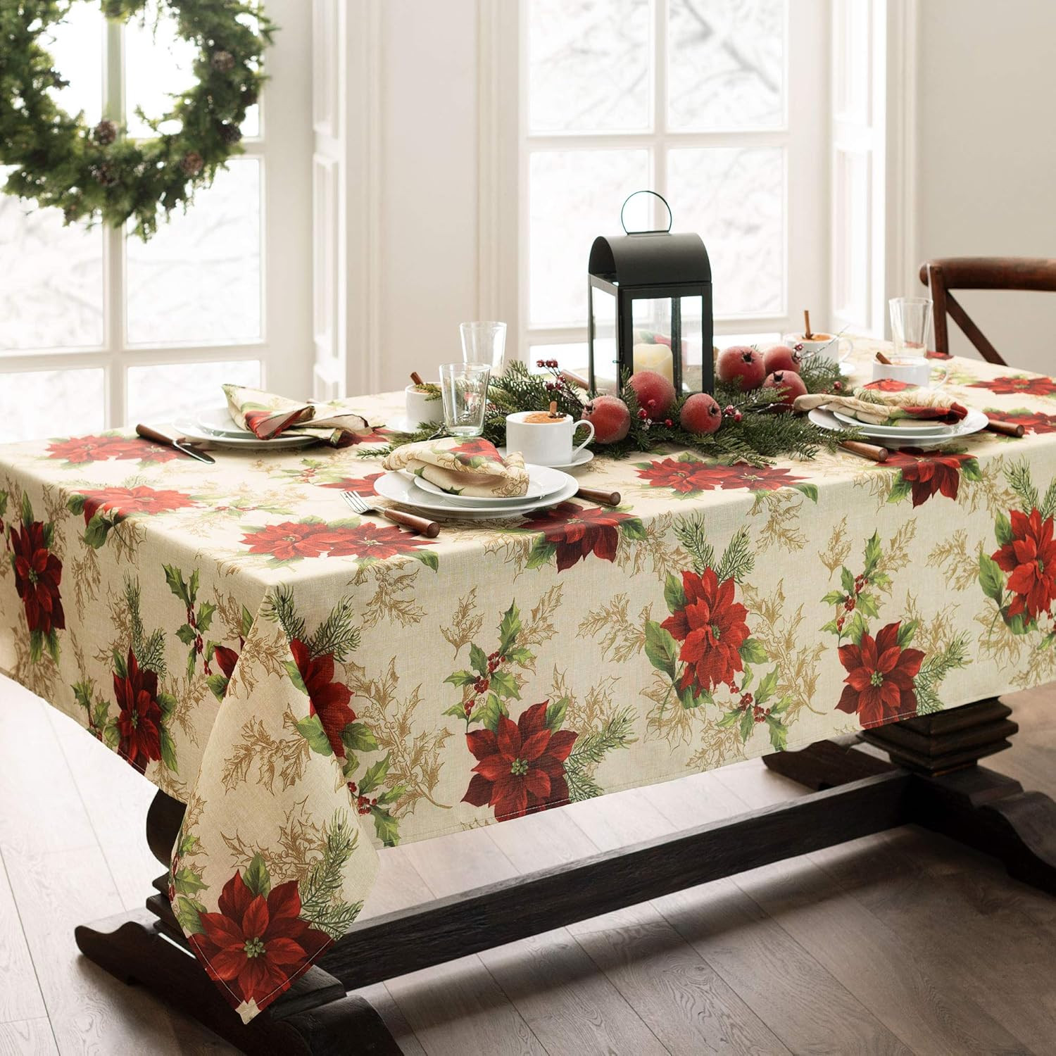 Home Fashions Festive Poinsettia Holiday Wrinkle Resistant Fabric Tablecloth, Mu