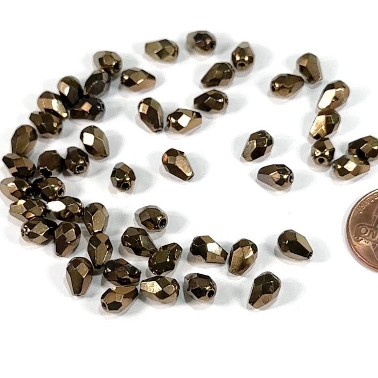 Czech Glass Pear Shaped Fire Polished Beads 7x5mm Bronze Metallic Tear Drops 50p