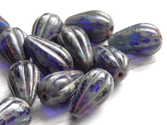 8 – 13x8mm CZECH COBALT BLUE PICASSO, BRICK RED WASH MELON DROP TEARDROP BEAD