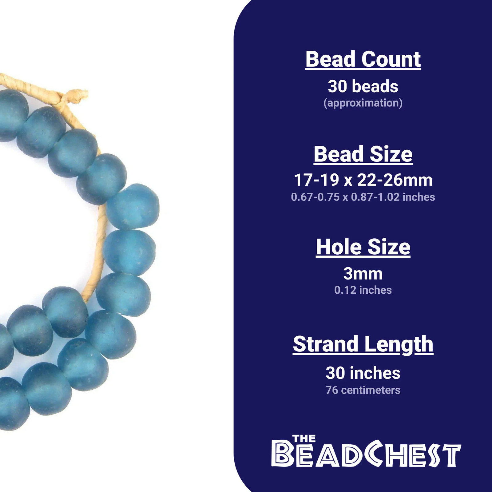 Jumbo Light Blue Recycled Glass Beads 24mm Ghana African Sea Glass Round