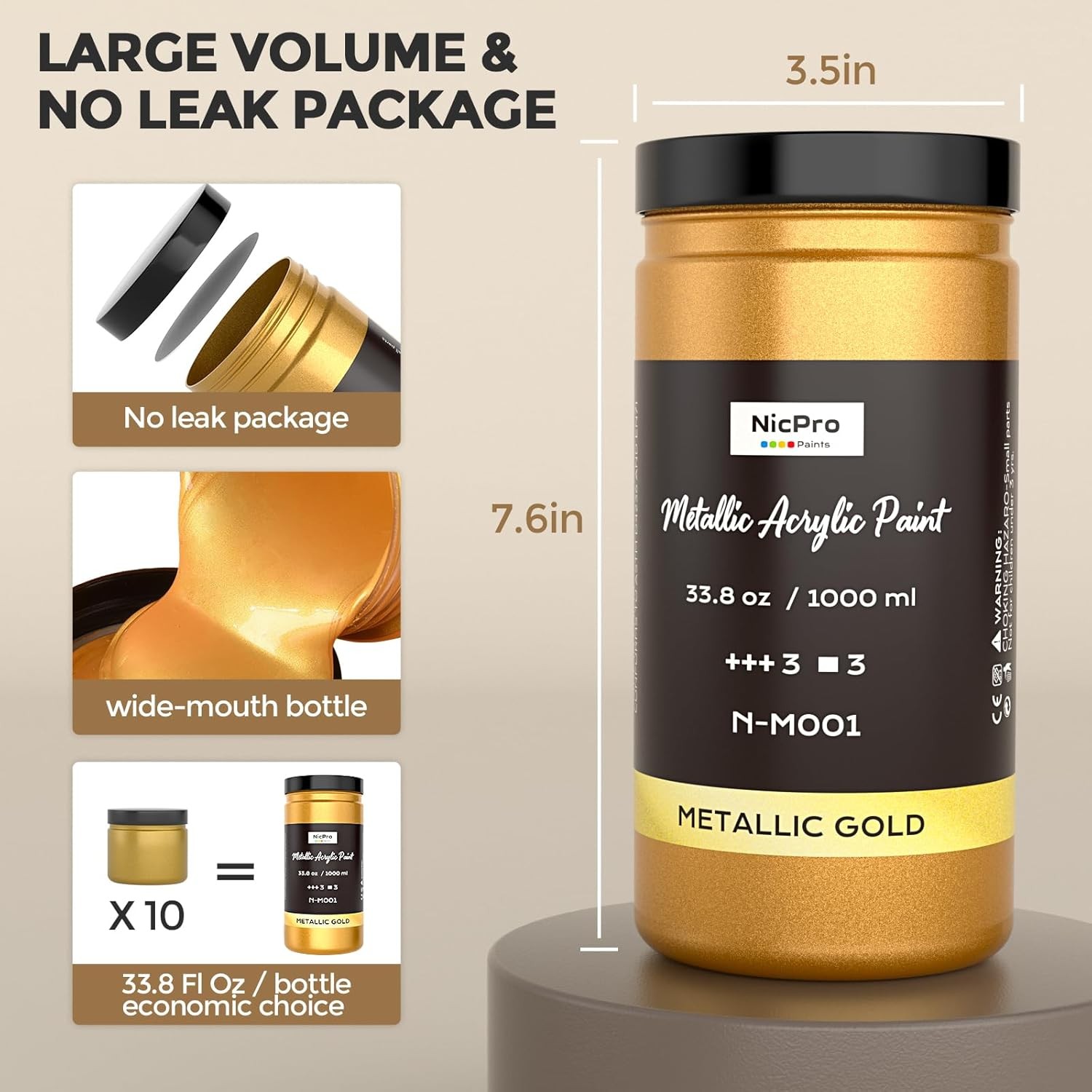 Nicpro Acrylic Paint Metallic Gold, 33.8 Fl Oz (Pack of 1), Gold