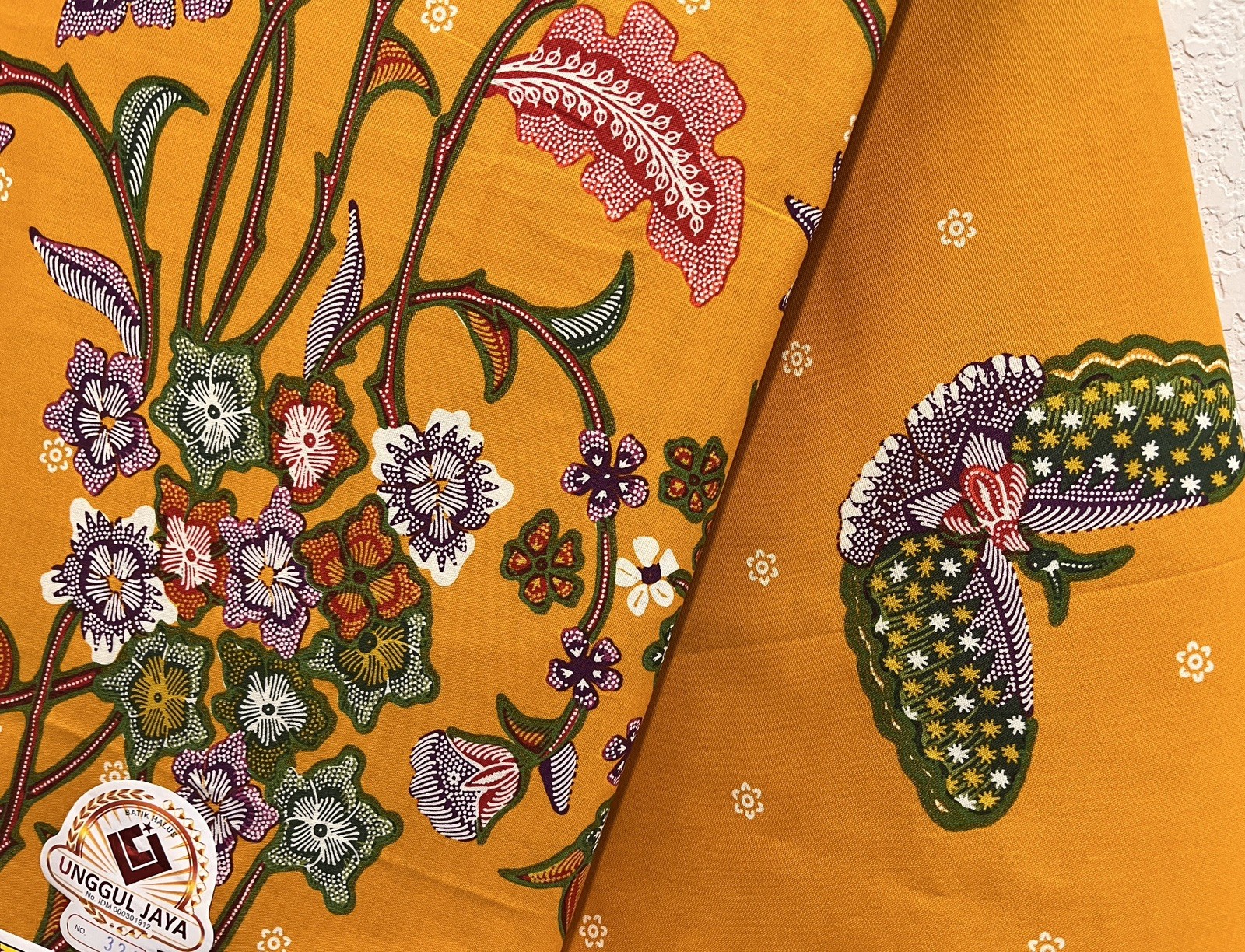 Indonesian Cotton Batik Fabric Orange Multicolored Butterflies Floral Theme