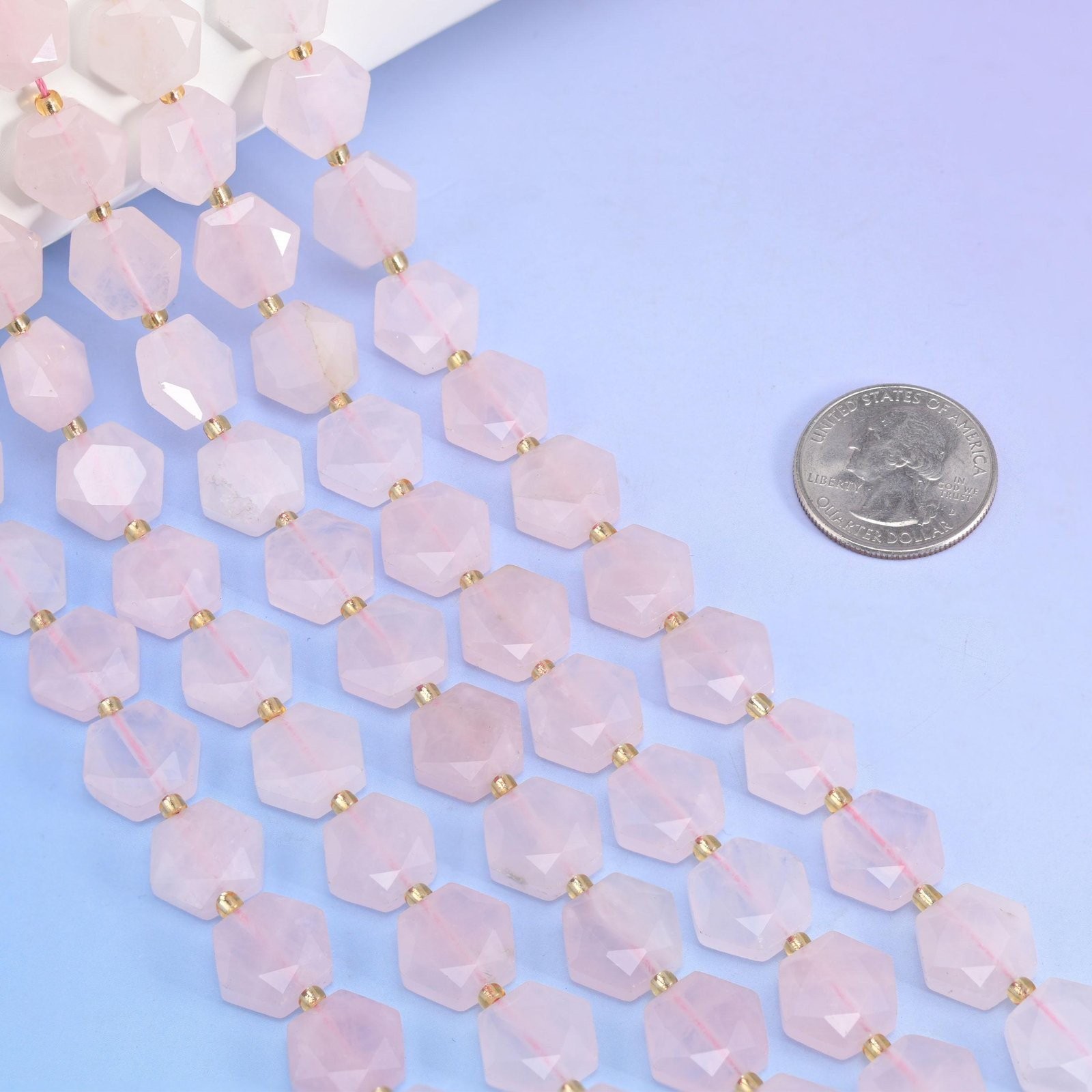 Natural Rose Quartz Flat Hexagon Faceted Gemstone Beads, Size 12mm