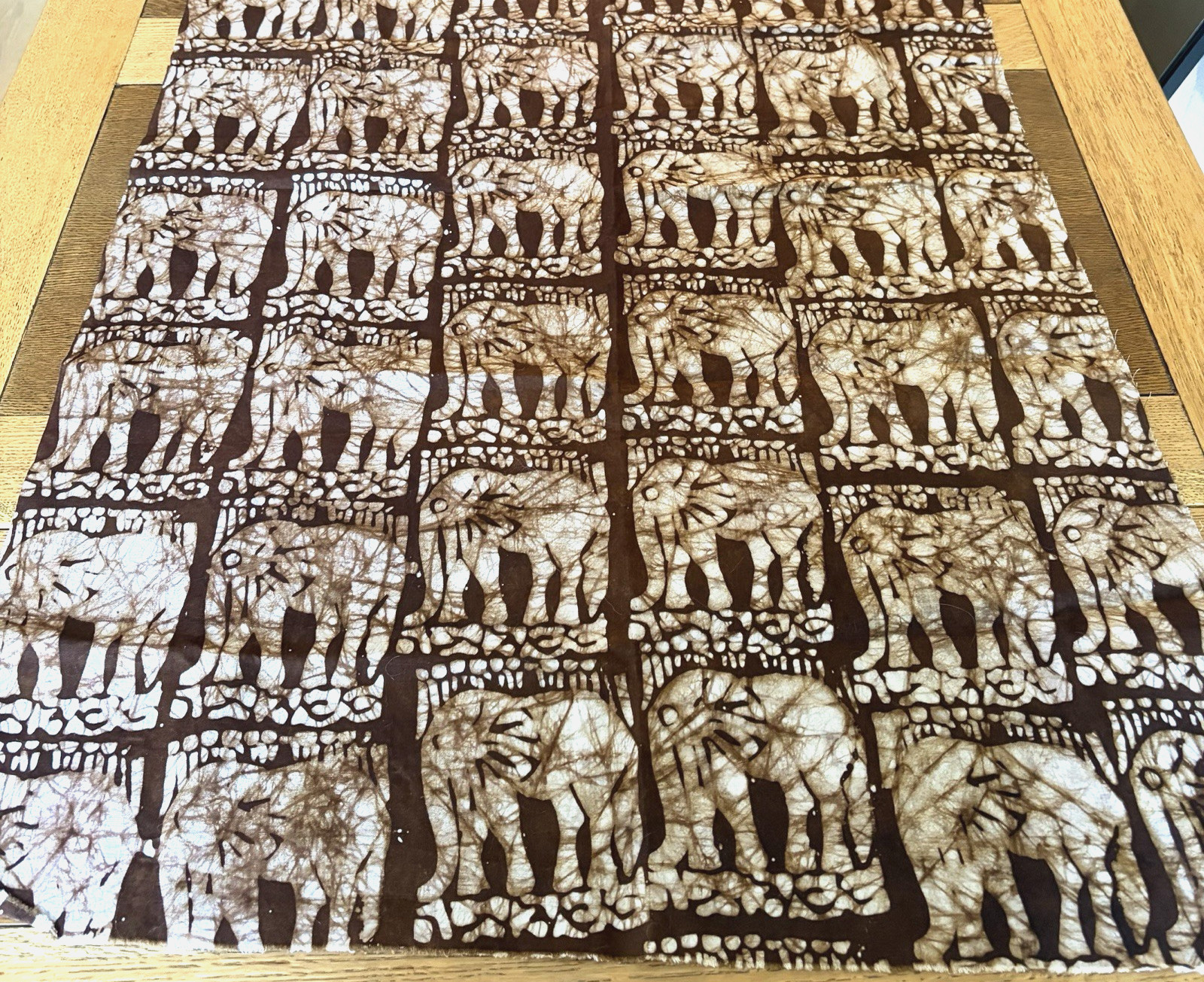 Brown & White Elephant Batik Cotton Fabric Remnant Indonesia 26″x44″ Handprinted