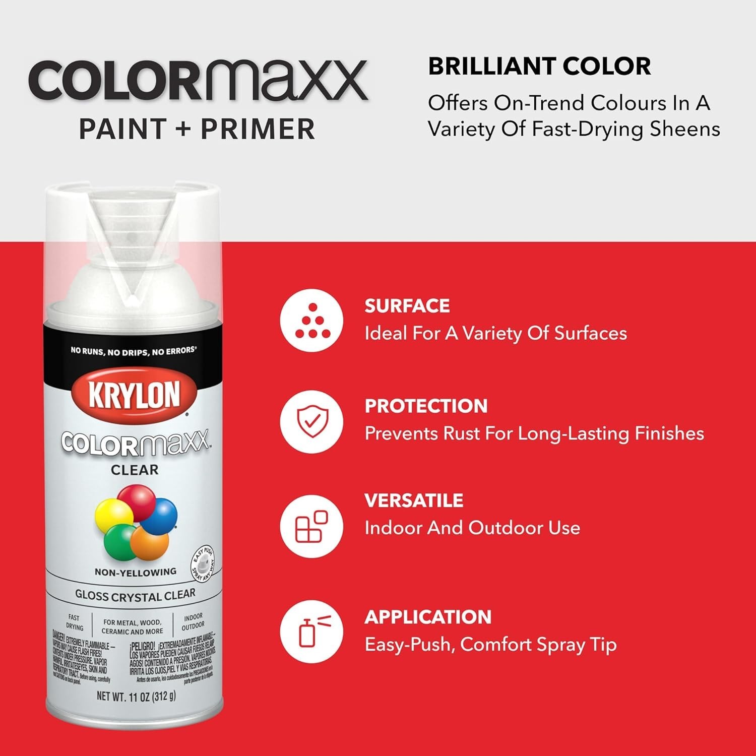 COLORmaxx Gloss Crystal Clear Acrylic Spray Paint – 11 Oz., Indoor/Outdoor Use